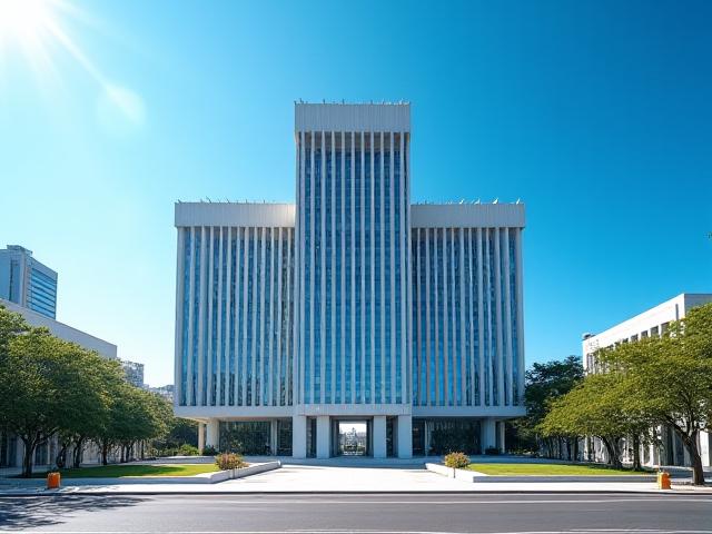 Fachada da Câmara Municipal de São Paulo sob luz solar clara